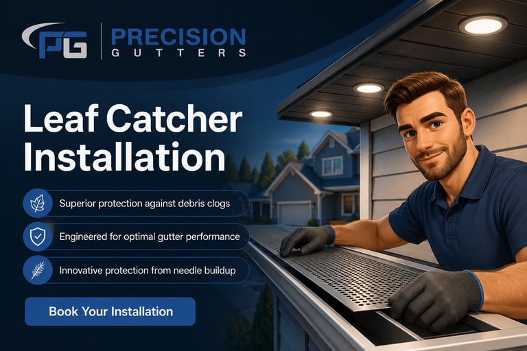 Precision Gutters leaf catcher installation advertisement showing technician installing gutter protection system on residential home