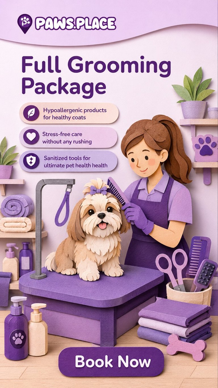 Paws Place grooming service flyer showing a groomer with a small dog on a purple table, surrounded by grooming tools and supplies with booking information
