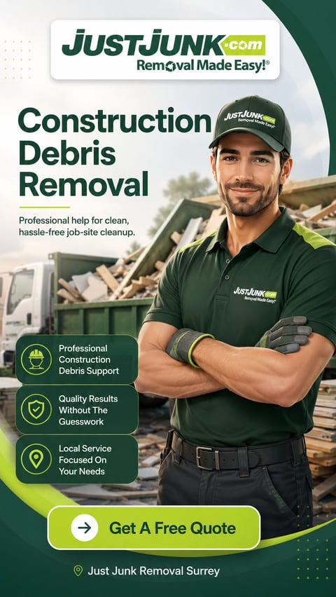 JustJunk construction debris removal service advertisement featuring a smiling worker in green uniform at a debris site