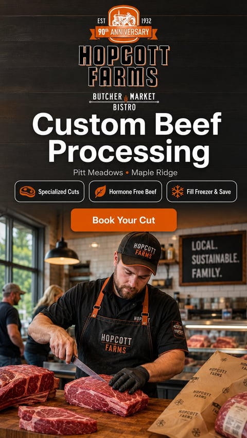 Hopcott Farms 90th Anniversary Custom Beef Processing flyer with butcher cutting meat at counter, featuring hormone-free beef and specialized cuts services