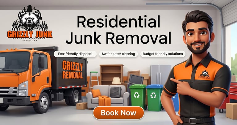 Grizzly Junk Removal service advertisement showing orange truck, smiling worker, and junk items with Book Now button