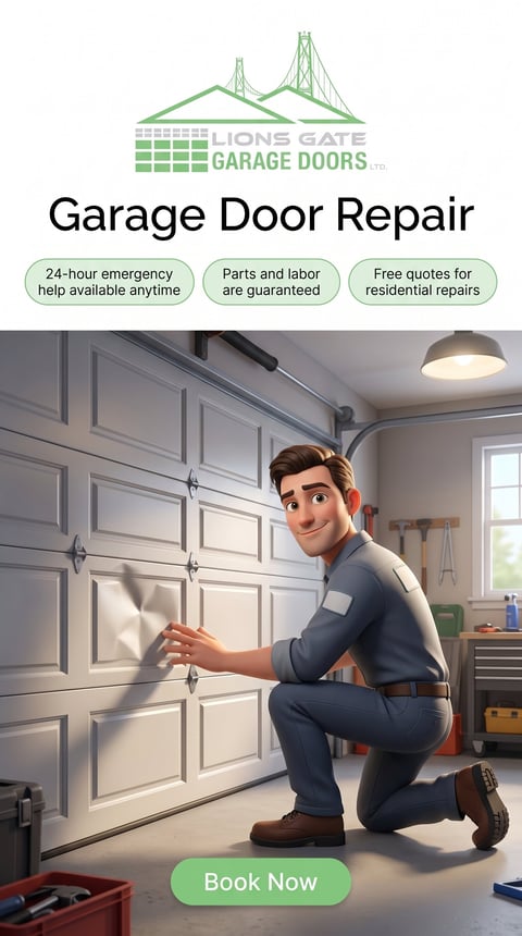 Cartoon technician inspecting a white garage door in a well-lit garage with service details and Book Now button