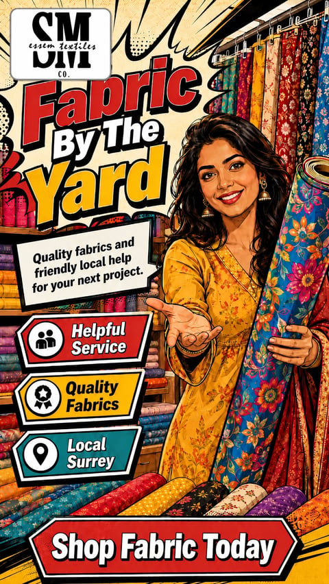 Woman in yellow shirt holding colorful fabric in comic book style advertisement for local fabric store