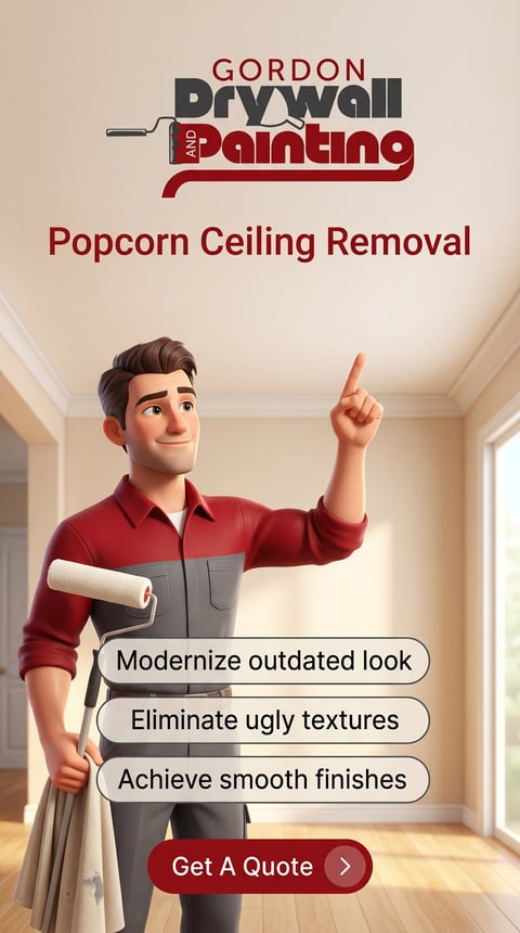 Gordon Drywall and Painting popcorn ceiling removal service advertisement showing cartoon contractor pointing upward with benefits listed