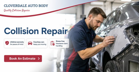 Cloverdale Auto Body technician performing collision repair work on a silver vehicle in a professional workshop
