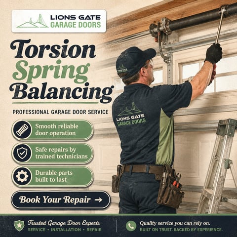 Lions Gate Garage Doors technician performing torsion spring balancing on a garage door