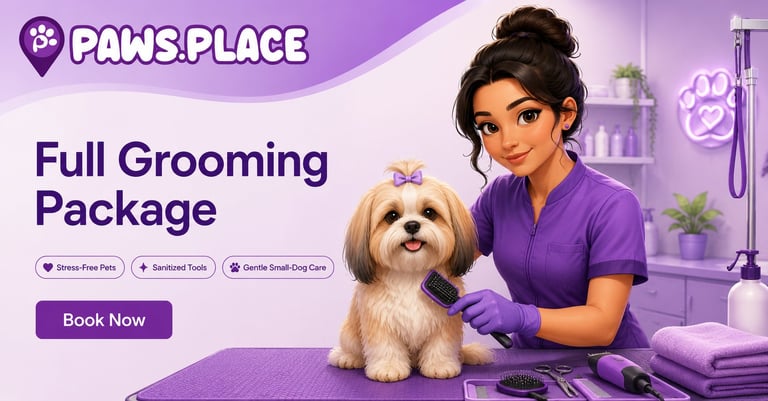 Paws Place full grooming package advertisement featuring a groomer with a small fluffy white dog in a purple salon setting