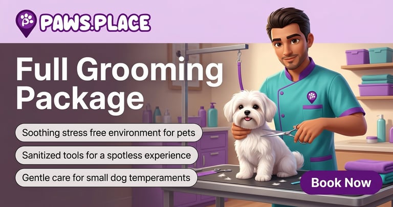 Male groomer in teal uniform with white fluffy dog at Paws Place grooming salon with full grooming package details and Book Now button