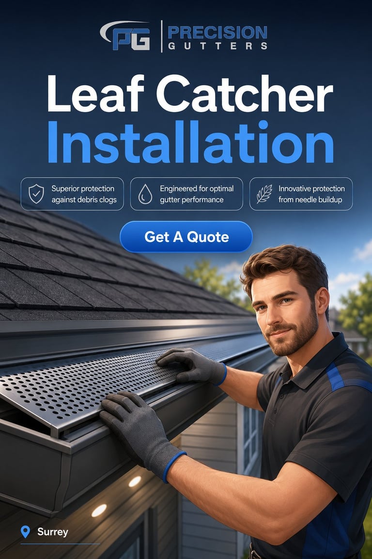 Professional installing leaf catcher gutter guard on residential home roof with Precision Gutters branding
