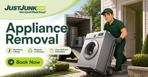 JustJunk appliance removal service ad showing worker removing a washing machine from a home