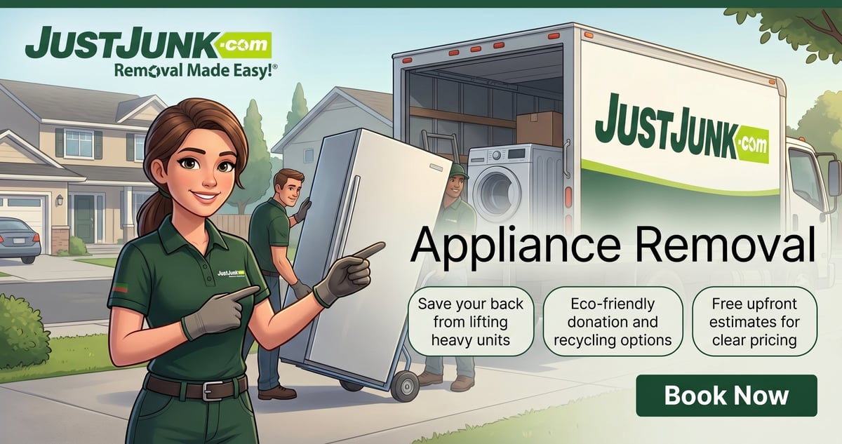 Just Junk appliance removal service advertisement showing a smiling worker holding a washing machine with a delivery truck in a residential neighborhood background