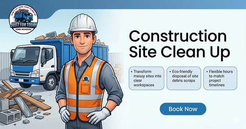 Construction worker in safety gear next to truck advertising site cleanup services with Book Now button