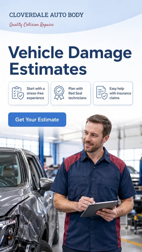 Cloverdale Auto Body technician holding tablet in auto repair shop with damaged vehicle, advertising vehicle damage estimates services