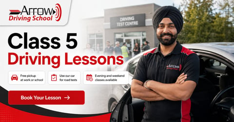 Arrow Driving School Class 5 lessons banner with instructor posing beside car and booking button