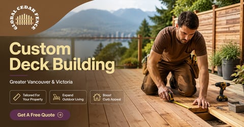 Man building custom deck with mountain lake view in background, text reads Custom Deck Building Greater Vancouver and Victoria