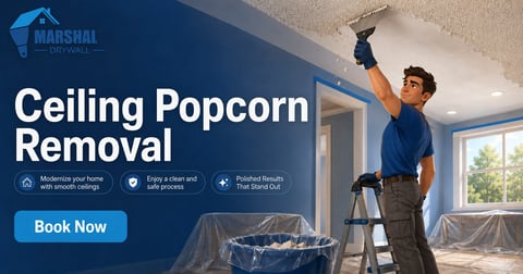 Worker scraping popcorn ceiling for Marshal Drywall ceiling removal service with Book Now button