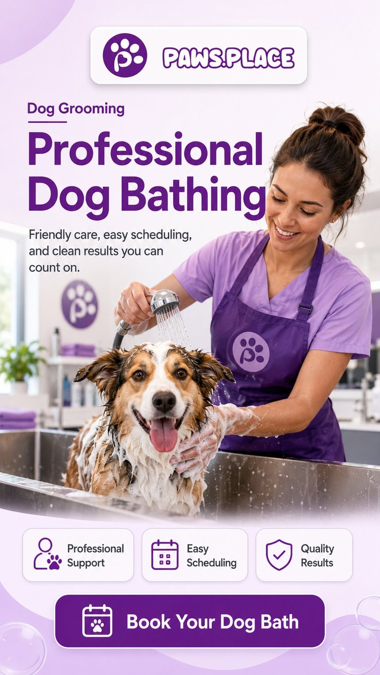 Paws Place professional dog bathing service advertisement showing groomer washing brown and white dog with text about friendly care and easy scheduling