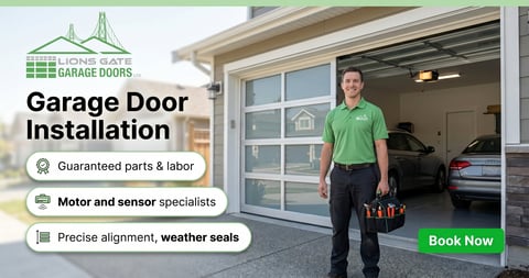 Technician in green shirt standing in open garage with text about garage door installation services including guaranteed parts, motor specialists, and weather seals with Book Now button