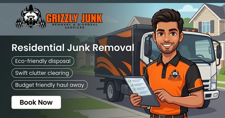Grizzly Junk Removal Services advertisement featuring a smiling worker in orange uniform holding a clipboard next to a junk removal truck, highlighting eco-friendly disposal and clutter clearing services with a Book Now button