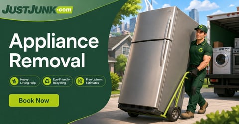 JustJunk.com appliance removal advertisement showing worker loading a refrigerator onto a truck with service features listed