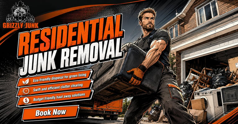 Residential junk removal service advertisement featuring a muscular worker in front of a house with junk and a book now button