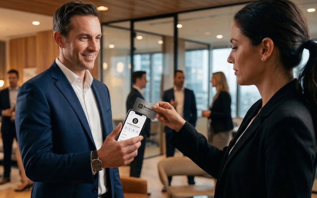 Professional man in blue blazer presenting a product to a woman in business setting with colleagues in background
