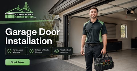 Professional technician in black uniform holding toolbox inside modern garage with open door, advertising garage door installation services
