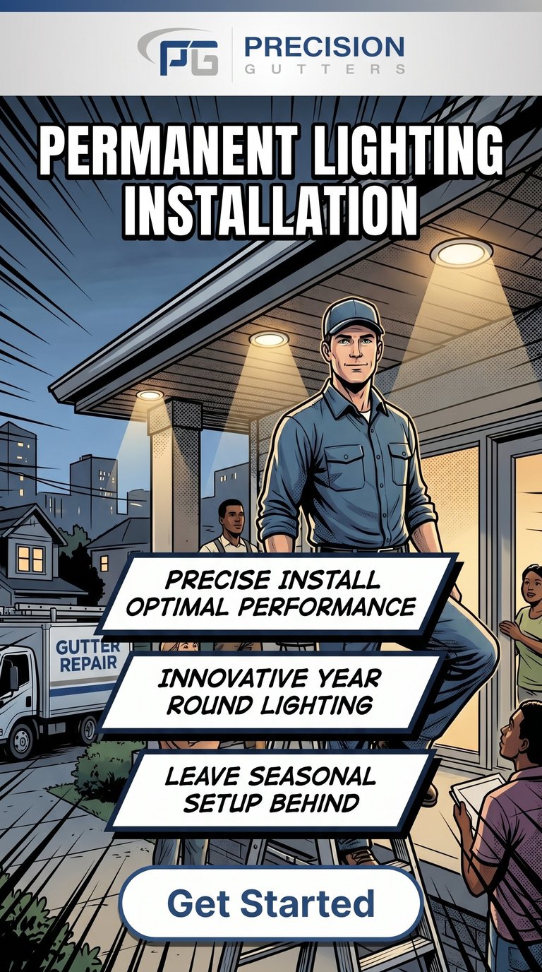 Precision Gutters permanent lighting installation ad featuring a technician installing outdoor lights with tagline about optimal performance and year-round lighting