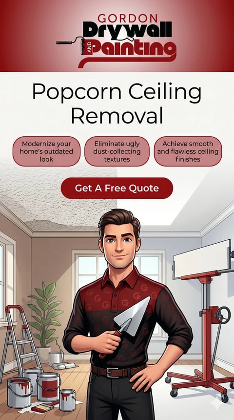 Gordon Drywall and Painting promotional flyer for popcorn ceiling removal service featuring a worker holding a scraper in a residential interior