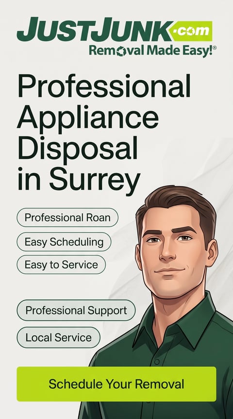 JustJunk professional appliance disposal ad featuring a man in green shirt with service benefits and Schedule Your Removal button