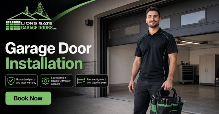 Professional technician with toolbox in modern garage offering door installation service with Book Now button