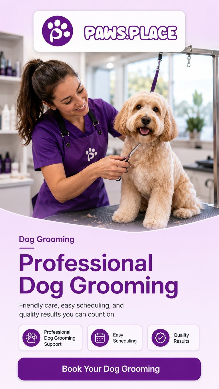 Paws Place dog grooming service advertisement showing a groomer in purple uniform grooming a light-colored dog