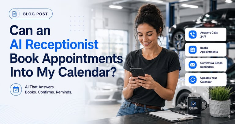 Woman at desk checking phone with AI calendar features displayed, blog post about AI receptionist booking appointments
