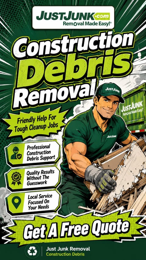 Just Junk construction debris removal advertisement featuring muscular worker in green uniform holding debris with service guarantees and free quote offer