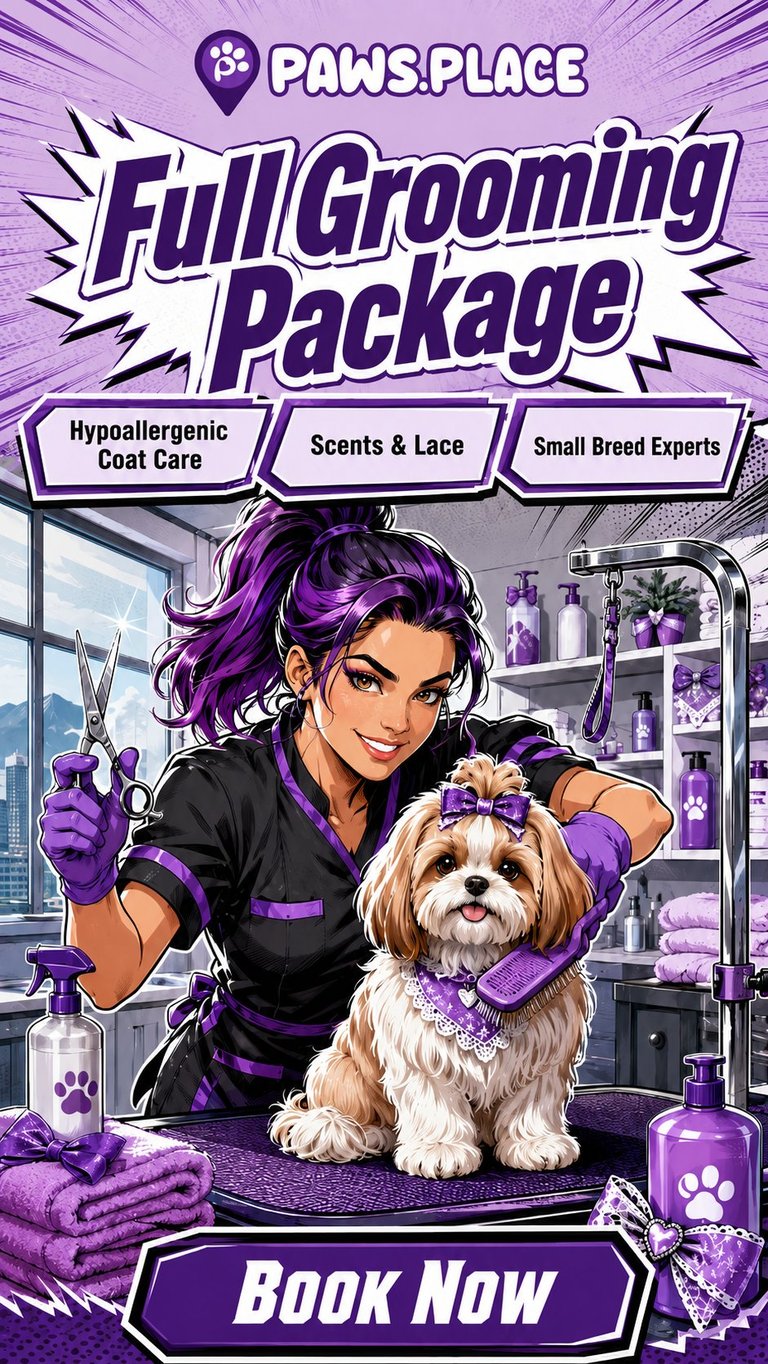 Paws Place Full Grooming Package ad featuring groomer with purple hair holding a small fluffy dog in a salon setting with purple accents and Book Now button