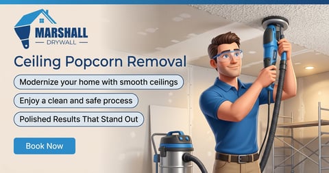 Marshall Drywall worker removing popcorn ceiling texture with professional equipment and tools