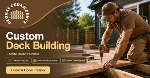 Carpenter building a custom deck. Cedar Deck company logo and Custom Deck Building text with service options displayed.