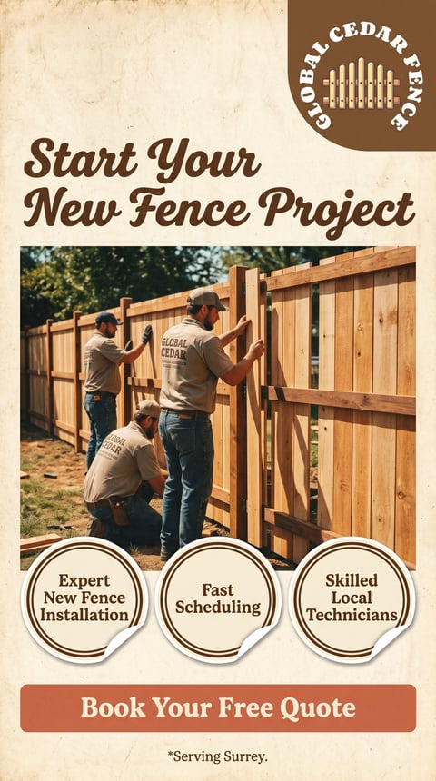 Cedarfence promotional flyer for fence installation showing workers building a wooden fence with service highlights and call-to-action button