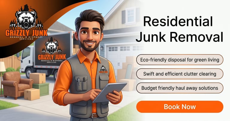 Man in orange shirt holding tablet outside house advertising Grizzly Junk residential junk removal services with eco-friendly and budget-friendly options