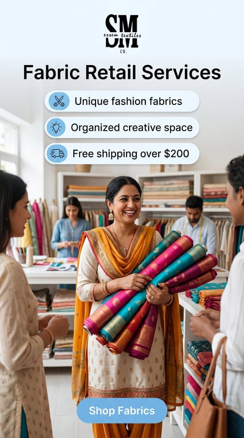 Woman displaying colorful fabric rolls in a textile shop with SM Bom logo and fabric retail services listed above
