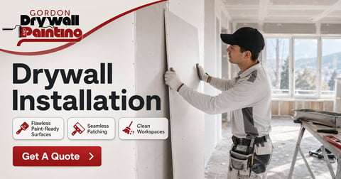 Worker installing drywall with Gordon Drywall Painting logo and service icons for flawless finishing, seamless matching, and clean workspaces