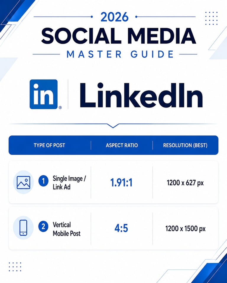 2026 Social Media Master Guide for LinkedIn showing post types, aspect ratios, and recommended resolutions