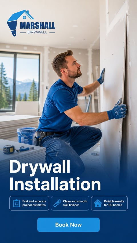 Man in blue shirt installing drywall on interior wall with Marshall Drywall logo and Book Now button