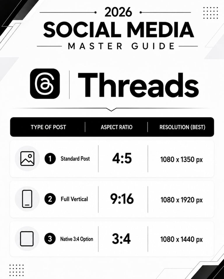 2026 Social Media Master Guide showing Threads post specifications: Standard Post 4:5 ratio at 1080x1350px, Full Vertical 9:16 ratio at 1080x1920px, and Native 3:4 Option at 1080x1440px