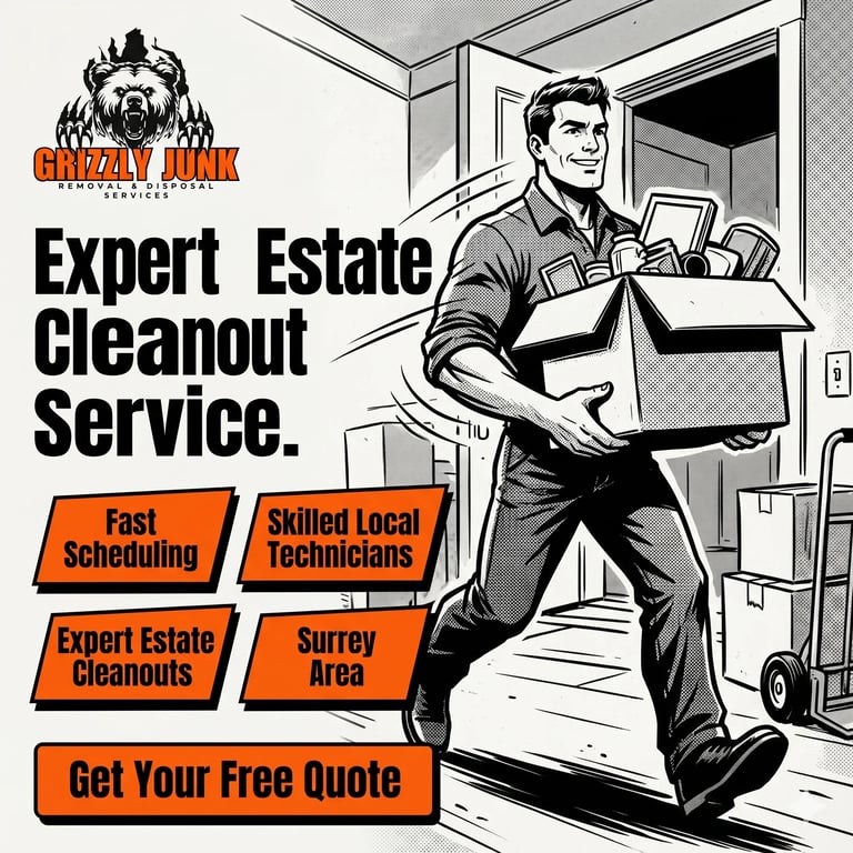 Grizzly Junk expert estate cleanout service advertisement featuring a man carrying a box with service benefits and free quote offer