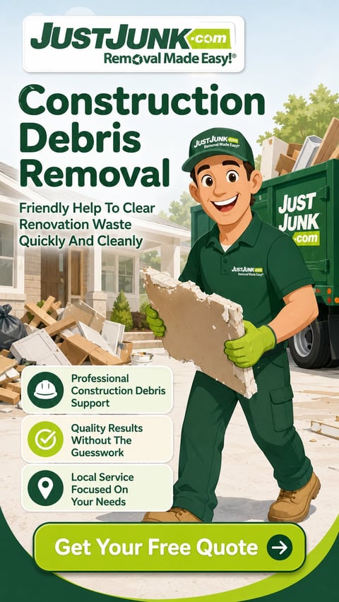 JustJunk.com worker in green uniform holding construction debris, promoting construction debris removal services with free quote button