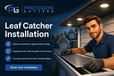 Precision Gutters advertisement showing technician installing leaf catcher with gutter protection benefits listed