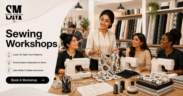 Four women in a sewing workshop gather around a table with sewing machines, fabric samples, and patterns