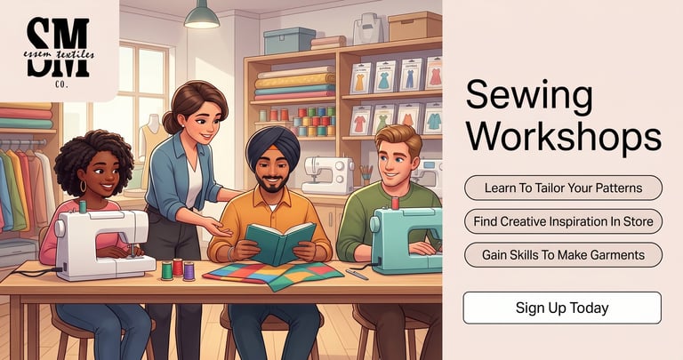 Four people of diverse backgrounds gathered around a sewing table in a colorful craft studio, with text advertising sewing workshops and sign-up options
