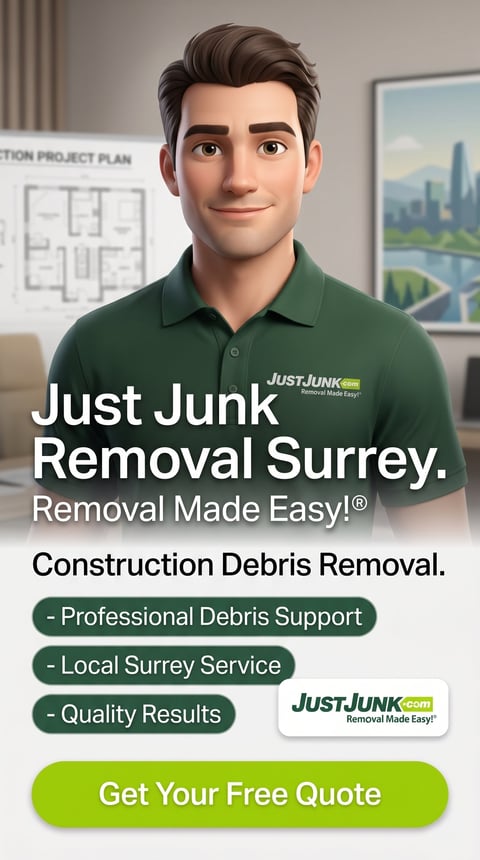 JustJunk Removal Surrey service advertisement featuring animated man in green polo shirt promoting construction debris removal with free quote button
